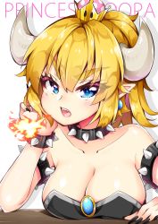 Rule 34 | 1girl, armlet, bad id, bad pixiv id, bare shoulders, black nails, blonde hair, blue eyes, bowsette, bracelet, breasts, breath weapon, breathing fire, character name, cleavage, collar, collarbone, crown, eyebrows, fire, hand on own cheek, hand on own face, highres, horns, inumine aya, jewelry, large breasts, looking at viewer, mario (series), nail polish, new super mario bros. u deluxe, nintendo, open mouth, ponytail, short hair, simple background, solo, spiked armlet, spiked bracelet, spiked collar, spikes, super crown, teeth, upper body, white background