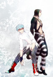 Rule 34 | 2boys, bad id, bad pixiv id, black sclera, blue eyes, blue hair, colored sclera, gedoooo, ghiaccio, glasses, hat, jojo no kimyou na bouken, male focus, multiple boys, pants, red-framed eyewear, red eyes, risotto nero, striped clothes, striped pants, vertical-striped clothes, vertical-striped pants
