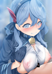 Rule 34 | 1boy, 1girl, ako (blue archive), bad id, bad twitter id, bell, black gloves, blue archive, blue eyes, blue hair, blue hairband, breasts, breasts squeezed together, censored, cowbell, earrings, fumihiko (fu mihi ko), gloves, hair between eyes, hairband, half gloves, hand on own chest, hetero, highres, jewelry, large breasts, neck bell, nipples, paizuri, paizuri under clothes, penis, puffy nipples, sideboob, solo focus, stud earrings