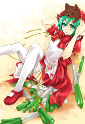 Rule 34 | 1girl, bow, bowtie, cosplay, dress, green eyes, green hair, grimm&#039;s fairy tales, hatsune miku, little red riding hood, little red riding hood (grimm), little red riding hood (grimm) (cosplay), mary janes, matching hair/eyes, project diva, project diva (series), project diva 2nd, shoes, sitting, solo, spring onion, thighhighs, vocaloid, yingson