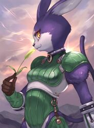 Rule 34 | .hack//, .hack//games, 1girl, animal ears, armor, black gloves, cat ears, cat tail, collar, cowboy shot, furry, furry female, gloves, green armor, holding, holding plant, kagyu nakamura, looking at viewer, mia (.hack//), o-ring, o-ring collar, plant, profile, purple collar, purple tail, slit pupils, smile, solo, standing, tail, yellow eyes