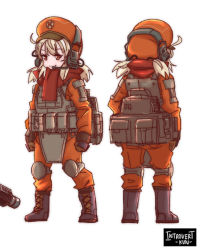 Rule 34 | 1girl, ahoge, alternate costume, backpack, bag, boots, brown gloves, bulletproof vest, cabbie hat, character sheet, clover print, combat boots, commentary, english commentary, from behind, full body, genshin impact, gloves, hair between eyes, hat, headset, highres, introvert-kun, jumpsuit, klee (genshin impact), knee guards, light brown hair, long hair, low twintails, orange eyes, orange headwear, orange jumpsuit, pointy ears, red scarf, scarf, sidelocks, simple background, smile, tactical clothes, twintails, v, v-shaped eyebrows, vest, white background