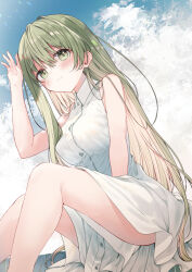 Rule 34 | 1girl, arm up, bare arms, bare shoulders, blue sky, blush, breasts, cecilia (shiro seijo to kuro bokushi), closed mouth, cloud, cloudy sky, collared dress, day, dress, feet out of frame, green eyes, green hair, hair between eyes, kazutake hazano, knees up, long hair, medium breasts, outdoors, shiro seijo to kuro bokushi, sky, sleeveless, sleeveless dress, smile, solo, very long hair, white dress