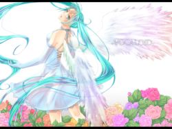 Rule 34 | 1girl, aqua eyes, aqua hair, bad id, bad pixiv id, dress, elbow gloves, flower, gloves, hatsune miku, letterboxed, long hair, looking back, orange flower, orange rose, pink flower, pink rose, purple flower, purple rose, rose, see-through, shino-yui, shinohara yui, solo, twintails, very long hair, vocaloid, wings, yellow flower, yellow rose