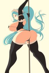 Rule 34 | 1girl, akeno(itsnafulol), angry, annoyed, apron, arched back, arms behind back, ass, between buttocks, bikini, blue hair, breasts, ceaga201, curvy, elbow gloves, gloves, huge ass, huge breasts, looking at viewer, looking back, maid, maid apron, maid bikini, maid cap, maid headdress, pink eyes, pole, ponytail, sideboob, stripper pole, swimsuit, thick thighs, thighhighs, thighs, thong, unconventional maid, wide hips