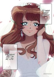 Rule 34 | 1990s (style), 1girl, akkasayu, artist name, blue eyes, breasts, bridal veil, brown hair, commentary, dress, english commentary, english text, hand in own hair, highres, holding hands, light blush, long hair, looking at viewer, medium breasts, original, pov, retro artstyle, smile, solo, veil, wedding, wedding dress, yumi (akkasayu)