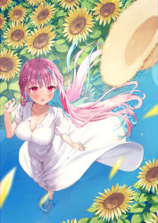 Rule 34 | 1girl, absurdres, ahoge, blue hair, blush, braid, breasts, cleavage, colored inner hair, dress, floating hair, flower, from above, hat, unworn hat, unworn headwear, highres, hololive, large breasts, looking up, minato aqua, multicolored hair, nogami (minamiituki), open mouth, petals, purple hair, red eyes, reflection, see-through, see-through silhouette, short sleeves, soaking feet, standing, sun hat, sunflower, two-tone hair, virtual youtuber, water, white dress, window, yellow flower, yellow headwear