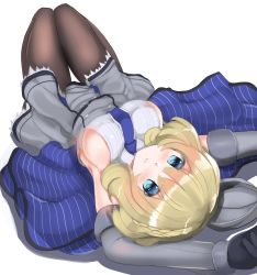 Rule 34 | 1girl, black gloves, black pantyhose, blonde hair, blouse, blue eyes, blue necktie, braid, breasts, capelet, colorado (kancolle), commentary request, dress, elbow gloves, garrison cap, gloves, grey dress, hat, headgear, highres, kantai collection, large breasts, looking at viewer, necktie, pantyhose, pleated dress, redundant-cat, shirt, short hair, side braid, side braids, sideboob, simple background, single braid, sleeveless, solo, white background, white shirt