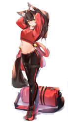Rule 34 | 1girl, alternate costume, animal ear fluff, animal ears, arms up, bag, bell, black hair, black pants, blush, breasts, closed mouth, commentary, crop top, duffel bag, english commentary, full body, groin, hair between eyes, hair ornament, hands in hair, highres, hololive, long hair, long sleeves, looking at viewer, majo (pastamajo), medium breasts, midriff, multicolored hair, navel, ookami mio, pants, red footwear, red hair, red shirt, shirt, shoes, simple background, smile, sneakers, solo, standing, streaked hair, sweatpants, tail, tail wrap, two-tone hair, virtual youtuber, white background, wolf ears, wolf tail, yellow eyes