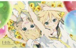 Rule 34 | 1boy, 1girl, ahoge, anniversary, aqua eyes, ascot, balloon, bare arms, bare shoulders, bass clef, blonde hair, blush, bow, brother and sister, flower, flower bed, hair bow, hair ornament, hairclip, holding hands, kagamine len, kagamine rin, looking at viewer, lying, na ta53, nail polish, necktie, on back, open mouth, outstretched arm, pansy, reaching, reaching towards viewer, sailor collar, short hair, siblings, smile, swept bangs, twins, vocaloid, yellow flower, yellow nails, yellow necktie