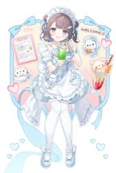 Rule 34 | 1girl, :d, absurdres, apron, blue bow, blue dress, blue eyes, blue footwear, blue hair, blush, bow, brown hair, colored inner hair, cup, detached collar, double bun, dress, food, frilled apron, frills, fruit, full body, hair bun, heart, highres, holding, holding food, holding spoon, ice cream, indie virtual youtuber, looking at viewer, maid, maid headdress, medium hair, multicolored hair, open mouth, parfait, puffy short sleeves, puffy sleeves, shoes, short sleeves, smile, solo, spoon, thighhighs, usanta, virtual youtuber, white apron, white thighhighs, wrist cuffs