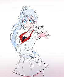 Rule 34 | 1girl, absurdres, alternate costume, belt, black undershirt, blue eyes, buttons, chain necklace, collared shirt, diamond button, dress, frown, highres, jewelry, necklace, open mouth, outstretched hand, ponytail, rwby, scar, scar across eye, shirt, signature, simple background, skirt, solo, sytokun, tiara, uniform, weiss schnee, white background, white belt, white dress, white hair, white skirt