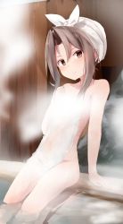 Rule 34 | 1girl, arm support, bathing, blush, brown eyes, collarbone, covering privates, feet out of frame, hair between eyes, head tilt, highres, kantai collection, light brown hair, long hair, looking at viewer, naked towel, nude cover, onsen, sidelocks, sitting, soaking feet, solo, steam, towel, towel on head, water, wet, white towel, yuki (yukin0128), zuihou (kancolle)