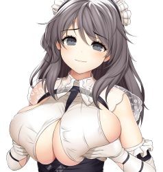 Rule 34 | 1girl, asamura hiori, azur lane, bare shoulders, blush, breast hold, breasts, brown hair, cleavage, cleavage cutout, clothing cutout, grey eyes, highres, huge breasts, large breasts, long hair, looking at viewer, maid headdress, resolution mismatch, sideboob, smile, solo, source larger