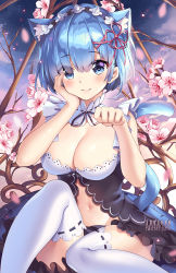 Rule 34 | 1girl, alternate costume, animal ear fluff, animal ears, bare shoulders, black dress, blue eyes, blue hair, blunt bangs, blush, breasts, cat ears, cat tail, cherry blossoms, cleavage, closed mouth, collar, commentary, detached collar, dress, frilled collar, frilled skirt, frilled thighhighs, frills, hair ornament, hair over one eye, hair ribbon, hand on own cheek, hand on own face, heart, heart in eye, highres, kemonomimi mode, large breasts, looking at viewer, maid, maid headdress, neck ribbon, night, night sky, open clothes, open skirt, outdoors, paw pose, re:zero kara hajimeru isekai seikatsu, rem (re:zero), ribbon, ribbon-trimmed legwear, ribbon trim, short hair, sitting, skirt, sky, sleeveless, sleeveless dress, smile, solo, squchan, star (sky), starry sky, symbol in eye, tail, thighhighs, tree, white thighhighs, x hair ornament