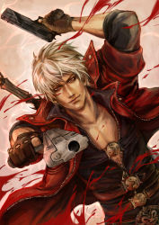 Rule 34 | 1boy, blood, capcom, dante (devil may cry), devil may cry, devil may cry (series), devil may cry 4, ebony &amp; ivory, ebony (devil may cry), gun, ivory (devil may cry), jacket, male focus, red jacket, solo, weapon, white hair