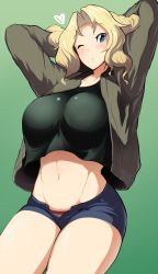 Rule 34 | 1girl, arms behind head, arms up, black shirt, blonde hair, blowing kiss, blue eyes, blue shorts, blush, breasts, brown jacket, commentary, cowboy shot, denim, denim shorts, girls und panzer, green background, hair intakes, heart, jacket, kay (girls und panzer), large breasts, long hair, long sleeves, looking at viewer, midriff, military, military uniform, navel, one eye closed, open clothes, open fly, open jacket, open mouth, panties, puckered lips, red panties, sasaki tatsuya, saunders military uniform, shirt, short shorts, shorts, smile, solo, standing, striped clothes, striped panties, thighhighs, thighs, unbuttoned, underwear, uniform, white thighhighs
