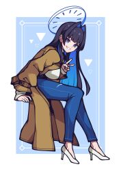 Rule 34 | 1girl, absurdres, bacon strips, blue eyes, blue hair, blue pants, blunt bangs, breasts, brown coat, coat, colored inner hair, denim, ear piercing, fang, hair intakes, halo, high-waist pants, high heels, highres, hololive, hololive english, jeans, large breasts, long hair, long sleeves, looking at viewer, mechanical halo, multicolored hair, official alternate costume, open clothes, open coat, ouro kronii, ouro kronii (casual), pants, piercing, shirt, shoes, sitting, smile, teeth, trench coat, turtleneck, two-tone hair, v, very long hair, virtual youtuber, white footwear, white shirt