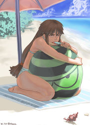 Rule 34 | 1girl, artist name, azusa (hws), beach, bikini, blush, commentary, crab, dated, day, food, long hair, low-tied long hair, original, popsicle, sand, solo, sweatdrop, swimsuit, umbrella