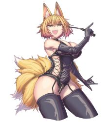 Rule 34 | 1girl, animal ears, bare shoulders, bdsm, black gloves, blonde hair, bondage outfit, boots, breasts, cleavage, crotch zipper, dominatrix, elbow gloves, fox ears, fox tail, gloves, holding, holding riding crop, large breasts, latex, latex boots, latex corset, latex gloves, latex legwear, looking at viewer, multiple tails, open mouth, riding crop, short hair, smile, solo, tail, thigh boots, thighhighs, touhou, whip, yakumo ran, yellow eyes, zawa (zawzawranran2), zipper