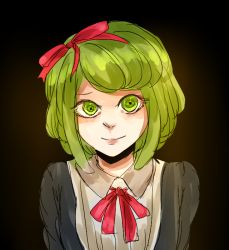 Rule 34 | 1girl, black background, bow, child, closed mouth, collared dress, danganronpa (series), danganronpa another episode: ultra despair girls, dress, eyebrows, eyebrows hidden by hair, female focus, gradient background, green eyes, green hair, hair bow, hair ribbon, looking at viewer, ministarfruit, bowtie, neck ribbon, nose, pink lips, red bow, red ribbon, ribbon, smile, solo, towa monaca, upper body