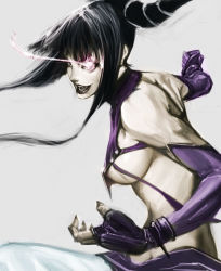Rule 34 | 1girl, areola slip, bad id, bad pixiv id, black hair, breasts, capcom, chinese clothes, detached sleeves, drill hair, dudou, elbow gloves, fingerless gloves, gloves, glowing, glowing eye, halterneck, halterneck, han juri, ikeda masateru, large breasts, purple eyes, sideboob, solo, street fighter, street fighter iv (series), twin drills, underboob