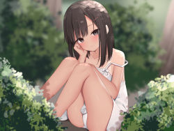 Rule 34 | 1girl, bare shoulders, black hair, blurry, blurry background, blush, bush, closed mouth, clothes lift, collarbone, dress, grey eyes, hair ornament, hairclip, hand on own face, head tilt, highres, kamu (geeenius), knees up, long hair, looking at viewer, non-web source, original, outdoors, panties, sitting, skirt, skirt lift, smile, solo, strap slip, sundress, tan, tanline, thighs, underwear, white panties