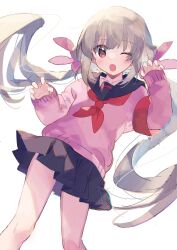 Rule 34 | 1girl, ;d, armband, black sailor collar, black skirt, blush, brown eyes, claw pose, commentary, floating hair, grey hair, hair ornament, hands up, highres, long hair, long sleeves, looking at viewer, low twintails, natori sana, neckerchief, official alternate costume, one eye closed, open mouth, pink sweater, pleated skirt, rabbit hair ornament, red armband, red neckerchief, sailor collar, sana channel, school uniform, serafuku, simple background, skirt, smile, solo, standing, sweater, twintails, very long hair, virtual youtuber, white background, zuho (vega)