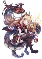 Rule 34 | 10s, 1girl, bad id, bad pixiv id, black thighhighs, blonde hair, book, boots, bracer, cagliostro (granblue fantasy), crown, dragon, granblue fantasy, highres, long hair, open book, pokimari, purple eyes, simple background, smile, solo, thighhighs, white background