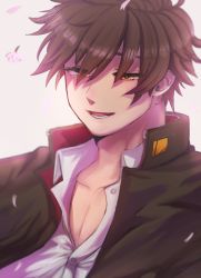 Rule 34 | 1boy, black jacket, brown eyes, brown hair, close-up, collarbone, gakuran, highres, hiota (kuhi 0301), jacket, male focus, protagonist 4 (housamo), open clothes, open jacket, open mouth, open shirt, partially unbuttoned, pectoral cleavage, pectorals, petals, school uniform, short hair, solo, tokyo houkago summoners, toned, toned male