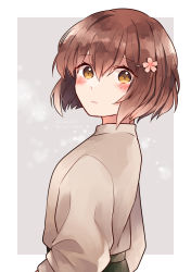 Rule 34 | 1girl, absurdres, amot 211, brown eyes, brown hair, cherry blossoms, flower, from side, hair flower, hair ornament, highres, kantai collection, long sleeves, looking at viewer, short hair, solo, upper body, yukikaze (kancolle), yukikaze kai ni (kancolle)