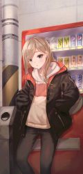 Rule 34 | 1girl, :o, black jacket, black pants, blonde hair, blush, bosumonki, can, canned coffee, day, drawstring, drink, drink can, earrings, eyelashes, feet out of frame, green eyes, hands in pockets, highres, hood, hood down, hoodie, jacket, jewelry, light particles, long sleeves, looking at viewer, open clothes, open jacket, original, outdoors, pants, parted lips, pepsi, puffy sleeves, solo, standing, swept bangs, trash can, utility pole, vending machine, white hoodie