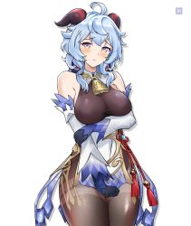 Rule 34 | 1girl, absurdres, ahoge, artist logo, bare shoulders, bell, black gloves, black pantyhose, blue hair, blush, bodysuit, breast hold, breasts, cleavage, commentary, covering crotch, covering privates, cowboy shot, curled horns, detached sleeves, english commentary, freshtango, ganyu (genshin impact), genshin impact, gloves, goat girl, goat horns, highres, horns, large breasts, legs together, long hair, looking at viewer, multicolored eyes, neck bell, open mouth, pantyhose, parted lips, purple eyes, shadow, sidelocks, simple background, solo, tassel, taut clothes, white background, wide sleeves