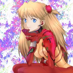 Rule 34 | 00s, 1girl, blonde hair, blue eyes, bodysuit, breasts, cleavage, evangelion: 2.0 you can (not) advance, head rest, highres, impossible bodysuit, impossible clothes, interface headset, kikumaru bunta, long hair, looking at viewer, medium breasts, microphone, multicolored clothes, neon genesis evangelion, plugsuit, rebuild of evangelion, sitting, smile, solo, souryuu asuka langley, test plugsuit