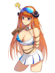 Rule 34 | 1girl, ?, absurdres, arknights, arms behind back, bagpipe (arknights), bare arms, bare shoulders, bdsm, blue archive, blush, bondage, bound, breasts, cleavage, clothes writing, commentary request, commission, copyright name, cosplay, crop top, cropped legs, disembodied hand, goggles, goggles on head, highres, horns, large breasts, long hair, midriff, millennium cheerleader outfit (blue archive), miniskirt, navel, orange hair, pleated skirt, purple eyes, rope, second-party source, shinebell, simple background, skirt, sleeveless, solo focus, standing, stomach, thighs, very long hair, white background, white skirt