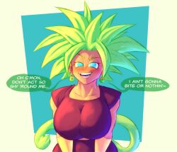 Rule 34 | 1girl, absurdres, artist request, blonde hair, blue background, blue eyes, blush, bracelet, breasts, dragon ball, dragon ball super, earrings, english text, fangs, highres, jewelry, kefla (dragon ball), large breasts, open mouth, potara earrings, smile, speech bubble, spiked hair, tail