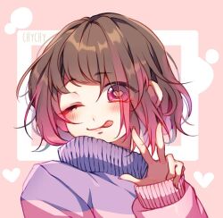 1girl ;q bete_noire bright_pupils brown_hair chicheesticks closed_mouth commentary english_commentary eyes_visible_through_hair glitchtale gradient_hair hair_over_one_eye hand_up heart heart-shaped_pupils inset_border long_sleeves looking_at_viewer multicolored_hair nail_polish one_eye_closed pink_background pink_eyes pink_hair pink_nails pink_sweater portrait puffy_long_sleeves puffy_sleeves purple_sweater short_hair simple_background sleeves_past_wrists smile solo sweater symbol-shaped_pupils tongue tongue_out turtleneck turtleneck_sweater two-tone_hair two-tone_sweater undertale w