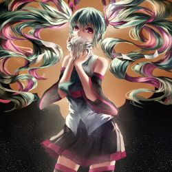 Rule 34 | 1girl, absurdres, bad id, bad pixiv id, detached sleeves, green hair, hatsune miku, highres, lama-pacos, long hair, mousou zei (vocaloid), nail polish, necktie, paper, red eyes, skirt, solo, thighhighs, twintails, very long hair, vocaloid