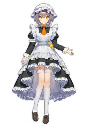 Rule 34 | 1girl, ainy, apron, black dress, black footwear, closed mouth, commentary request, dress, frilled dress, frills, full body, grey hair, hat, highres, kneehighs, loafers, long sleeves, looking at viewer, maid, maid apron, original, puffy sleeves, shoes, short hair, simple background, socks, solo, virtual youtuber, white apron, white background, white hat, white socks, yellow eyes