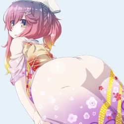 Rule 34 | 1girl, ass, blush, commentary request, dd (ijigendd), dutch angle, floral print, from behind, from below, gradient hair, hair ornament, hairclip, hat, highres, japanese clothes, kantai collection, kimono, long hair, looking at viewer, looking back, multicolored clothes, multicolored hair, obi, open mouth, purple hair, sailor hat, sash, shiny skin, short sleeves, smile, solo, standing, tsushima (kancolle), yellow eyes