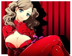 Rule 34 | 10s, 1girl, aqua eyes, bad id, bad pixiv id, blonde hair, blue eyes, bodysuit, breasts, brown hair, catsuit, center opening, cleavage, cleavage cutout, clothing cutout, crossed legs, earrings, gloves, grey hair, hand on own thigh, head tilt, jewelry, jpeg artifacts, large breasts, latex, latex suit, light smile, looking at viewer, outside border, persona, persona 5, purple gloves, red background, red theme, restaint, shadow, sitting, smile, solo, stud earrings, swept bangs, takamaki anne, turtleneck, twintails, unzipped, wavy hair, zipper