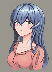 Rule 34 | 1girl, blue hair, blush, breasts, buttons, collarbone, collared shirt, commentary, dimos (dawn 1945), gotland (kancolle), green eyes, hair between eyes, jewelry, kantai collection, long hair, looking at viewer, medium breasts, mole, mole under eye, necklace, parted lips, pink shirt, portrait, shirt, simple background, solo, straight hair