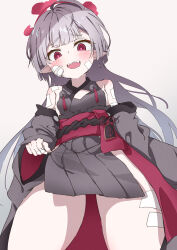 Rule 34 | 1girl, absurdres, bare shoulders, bell, black nails, blue archive, blush, breasts, cowboy shot, detached sleeves, fingernails, gauze, gauze on cheek, grey hair, grey sleeves, halo, highres, jingle bell, long hair, looking at viewer, nail polish, natsukari na, obi, open mouth, pointy ears, red eyes, red halo, sash, shuro (blue archive), small breasts, smile, solo