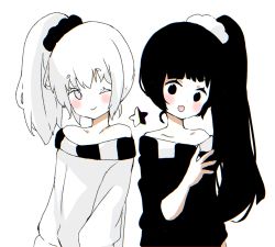 Rule 34 | 2girls, :d, ;), black eyes, black hair, black scrunchie, black shirt, blush, closed mouth, collarbone, grey eyes, hair between eyes, hair ornament, hair scrunchie, hand up, highres, long sleeves, looking at viewer, multiple girls, off-shoulder shirt, off shoulder, one eye closed, open mouth, original, puffy long sleeves, puffy sleeves, scrunchie, shirt, short sleeves, simple background, smile, star (symbol), tsukiyo (skymint), white background, white hair, white scrunchie, white shirt