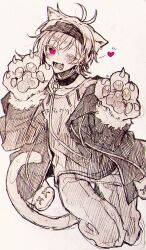 Rule 34 | 1boy, absurdres, animal ears, animal hands, black collar, blush, cat boy, cat ears, cat tail, collar, gloves, grey background, greyscale, headband, heart, highres, iida rintarou, jacket, long sleeves, male focus, monochrome, nie3nie3, one eye closed, ookami game (studio wasabi), open mouth, pants, paw gloves, paw pose, pink eyes, shirt, short hair, solo, t-shirt, tail