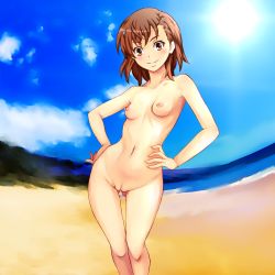 Rule 34 | 1girl, beach, blue sky, breasts, brown eyes, brown hair, cleft of venus, completely nude, day, hair ornament, hairclip, hand on own hip, looking at viewer, misaka mikoto, navel, nike (0306), nipples, nude, outdoors, public indecency, pussy, short hair, sky, small breasts, smile, solo, standing, sun, toaru kagaku no railgun, toaru majutsu no index, uncensored, water