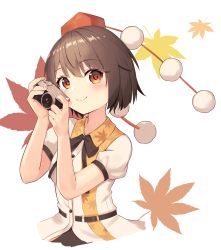 Rule 34 | 1girl, absurdres, autumn leaves, black bow, black bowtie, black skirt, blush, bow, bowtie, breasts, brown hair, buttons, camera, closed mouth, collared shirt, commentary request, eyes visible through hair, fingernails, hair between eyes, hands up, hat, highres, leaf, leaf print, looking at viewer, md5 mismatch, medium breasts, pom pom (clothes), puffy short sleeves, puffy sleeves, quasar631, red hat, resolution mismatch, shameimaru aya, shirt, short hair, short sleeves, simple background, skirt, smile, solo, source smaller, tokin hat, touhou, white background, white shirt