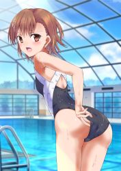 Rule 34 | 1girl, absurdres, ass, black one-piece swimsuit, breasts, brown eyes, brown hair, commentary request, competition swimsuit, cowboy shot, eu (tounaeu2517), from behind, hair ornament, hairclip, highres, indoors, looking at viewer, looking back, misaka mikoto, one-piece swimsuit, open mouth, pool, pool ladder, school swimsuit, short hair, small breasts, solo, standing, swimsuit, toaru kagaku no railgun, toaru majutsu no index, tokiwadai school swimsuit, tounaeu2517, wet, wet clothes, wet swimsuit