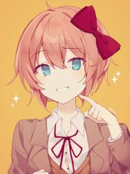 Rule 34 | 1girl, blue eyes, bow, brown jacket, buttons, chicashidaxianyu, collared shirt, colored eyelashes, doki doki literature club, eyes visible through hair, grin, hair between eyes, hair bow, hand up, highres, jacket, long sleeves, open clothes, open jacket, orange vest, pink hair, red bow, sayori (doki doki literature club), shirt, short hair, smile, solo, sparkle, suit jacket, upper body, vest, white shirt, white vest, yellow background