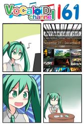 Rule 34 | 10s, 1girl, 2013, 4koma, :d, aqua eyes, aqua hair, autumn, beamed quavers, catstudioinc (punepuni), collared shirt, comic, commentary request, cup, december, drinking glass, emphasis lines, english text, hatsune miku, highres, left-to-right manga, monitor, musical note, necktie, november, open mouth, plate, quaver, shirt, sleeveless, smile, steam (platform), thai text, translation request, twintails, vocaloid, wrapper